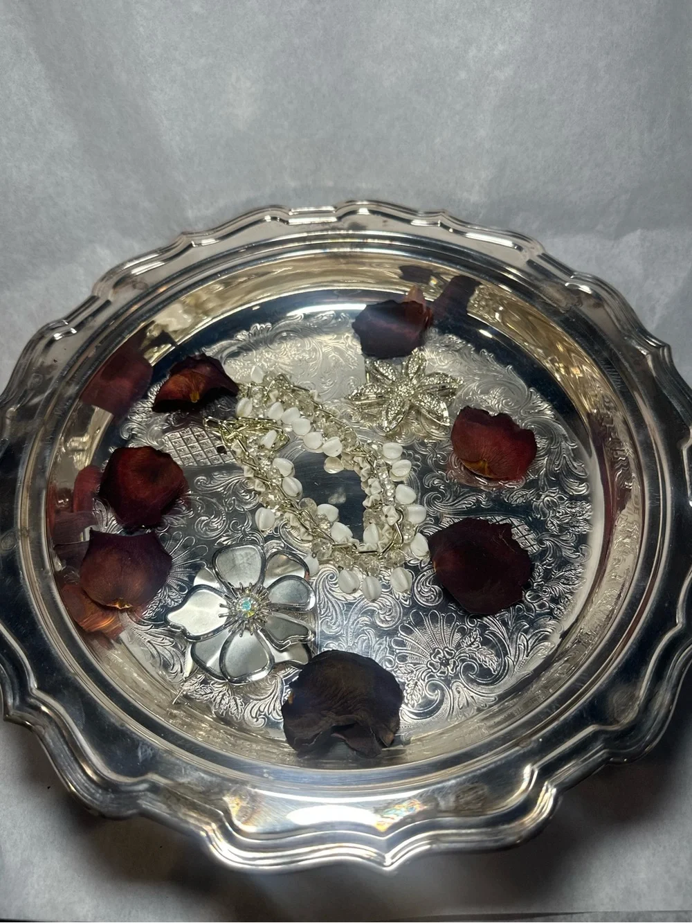 Vintage Silver-plated Tri-footed Tray with Ornate Decorative Engraving